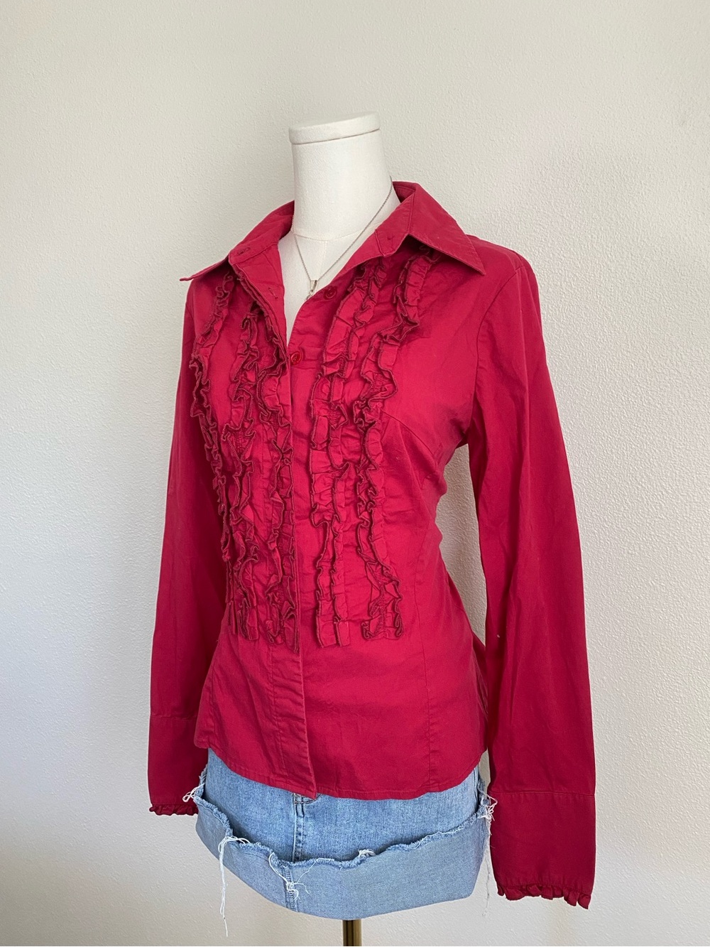 Vintage Ashley Cerise Long Sleeve Button Up Blouse Ruffled Trim Chest Panel - Picture 3 of 6